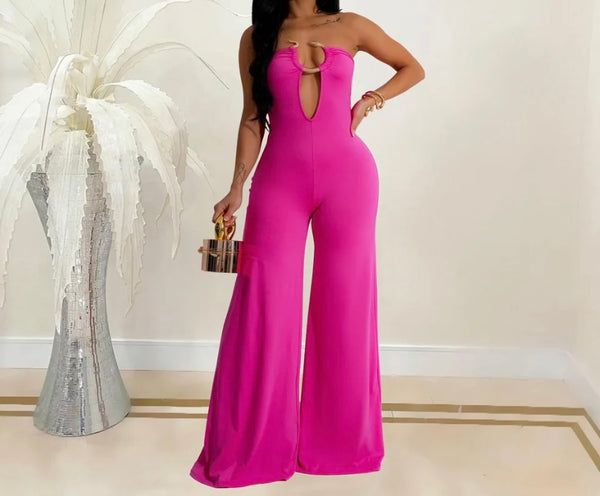 Women Sexy Strapless Metal V-Neck Wide Leg Jumpsuit