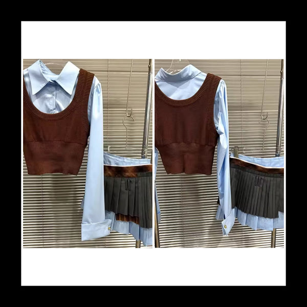 Women Button Up Full Sleeve Sweater Vest Three Piece Skirt Set