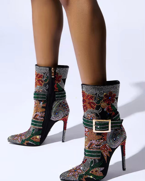 Women Fashion Buckled Colorful Bling High Heel Ankle Boots