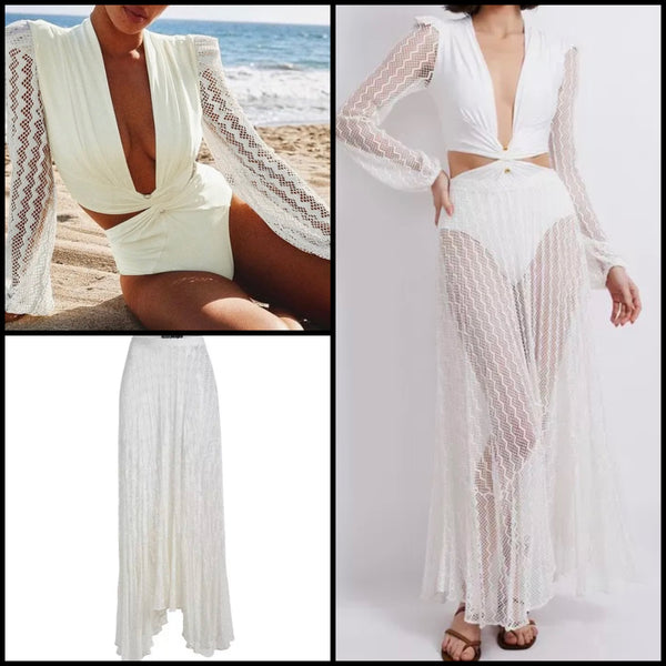 Women White Full Sleeve Sexy Swimsuit Cover Up Set