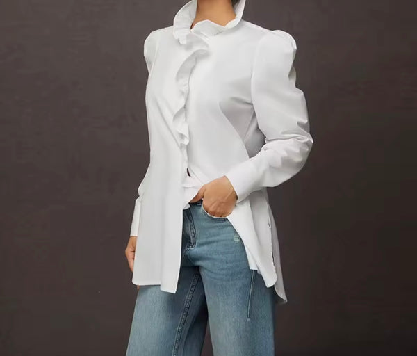 Women White Ruffled Button Up Full Sleeve Fashion Top