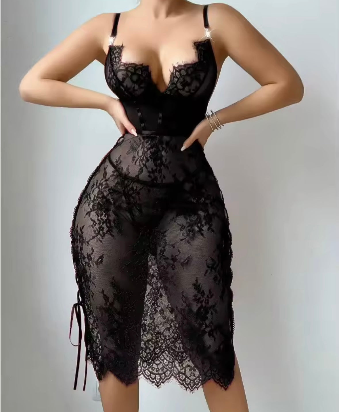 Women Lace Sleeveless Cut Out Tie Up Sexy Nightgown Lingerie