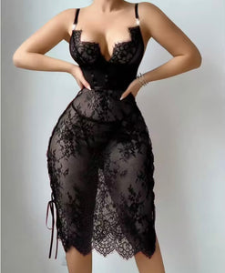 Women Lace Sleeveless Cut Out Tie Up Sexy Nightgown Lingerie