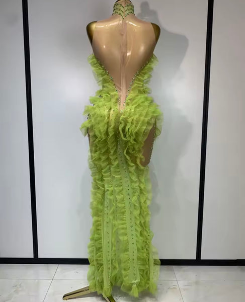 Women Sexy Sleeveless Color Rhinestone Ruffled Mesh Maxi Dress
