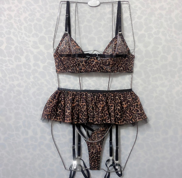 Women Sexy Ruffled Mesh Leopard Print Lingerie Set