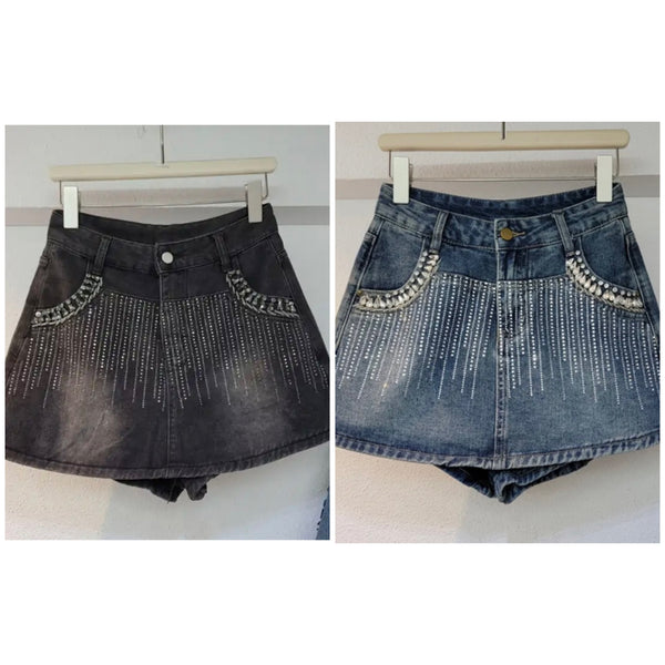 Women Fashion Denim Bling Patchwork Skirt