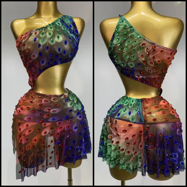Women Colorful One Shoulder Sleeveless Rhinestone Dress