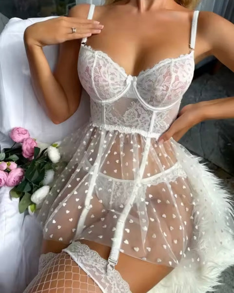 Women Sexy White Lace Heart Mesh Lingerie Set