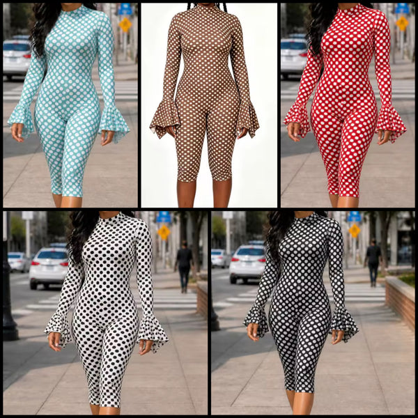 Women Polka Dot Ruffle Full Sleeve Open Back Headband Romper Set