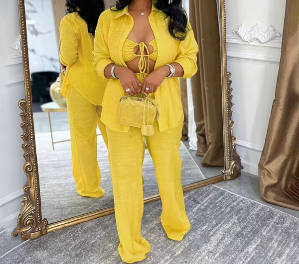 Women Color Sexy Full Sleeve Three Piece Pant Set