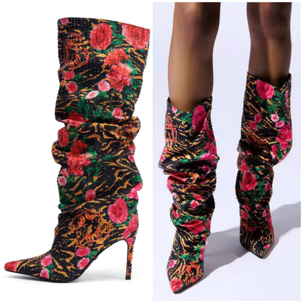 Women Fashion Multicolored Floral Ruched High Heel Boots