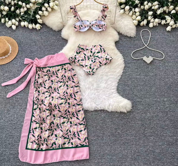 Women Pink Floral Bikini Cover Up Set