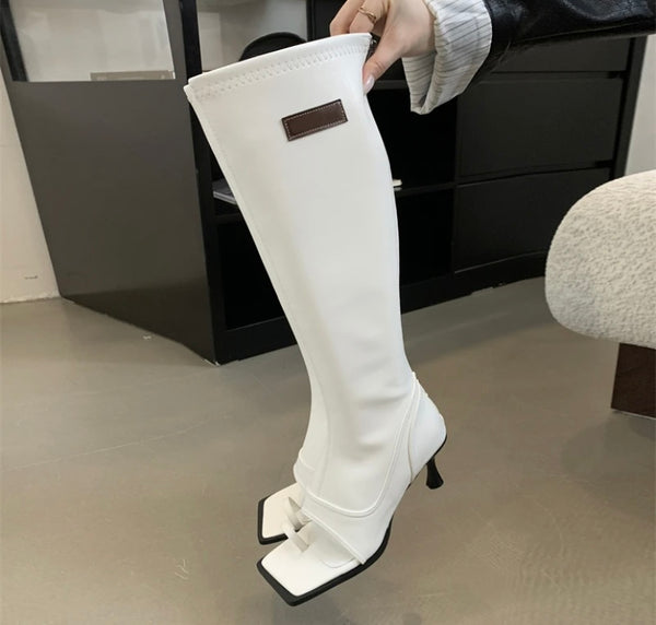 Women Fashion Faux Leather Open Toe Knee High Boots