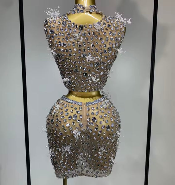 Women Pearl Rhinestone Mesh Sleeveless Sexy Two Piece Skirt Set