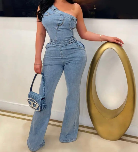 Women Sexy Fashion Buckled One Shoulder Denim Jumpsuit