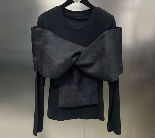 Women Fashion Black/White Bow Full Sleeve Top