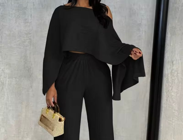 Women Solid Color Full Flare Sleeve Fashion Two Piece Pant Set