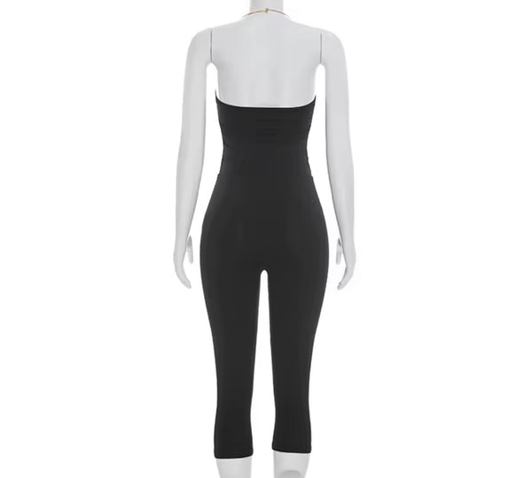 Women Sexy Metal Halter Two Piece Capri Pant Set