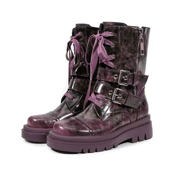 Women Color Buckled Lace Up Fashion Flat Boots