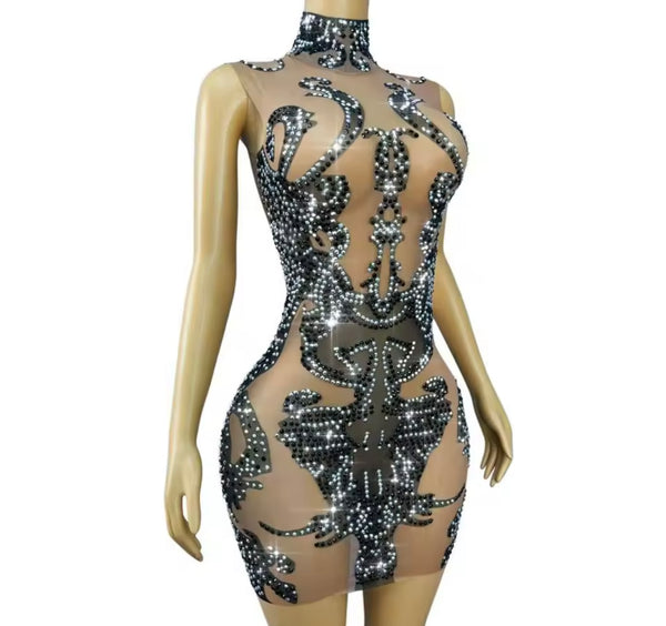 Women Sexy Sleeveless Mesh Black Rhinestone Dress