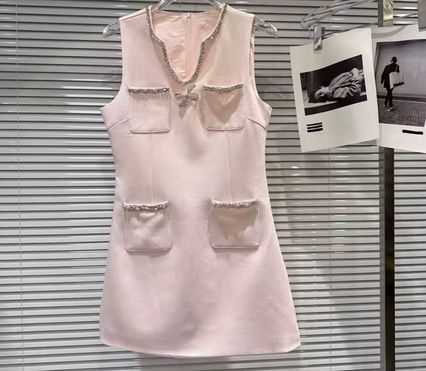 Women Sleeveless Rhinestone Patchwork Pocket Dress