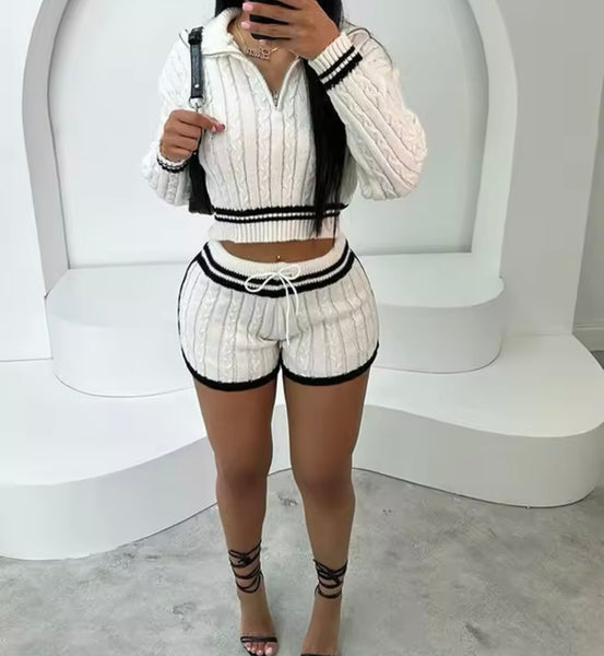 Women Color Striped Full Sleeve Fashion Two Piece Short Set