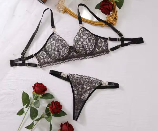 Women Sexy Black Printed Mesh Lingerie Set