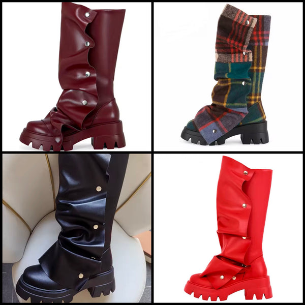 Women Fashion Color Button Faux Leather Flat Boots