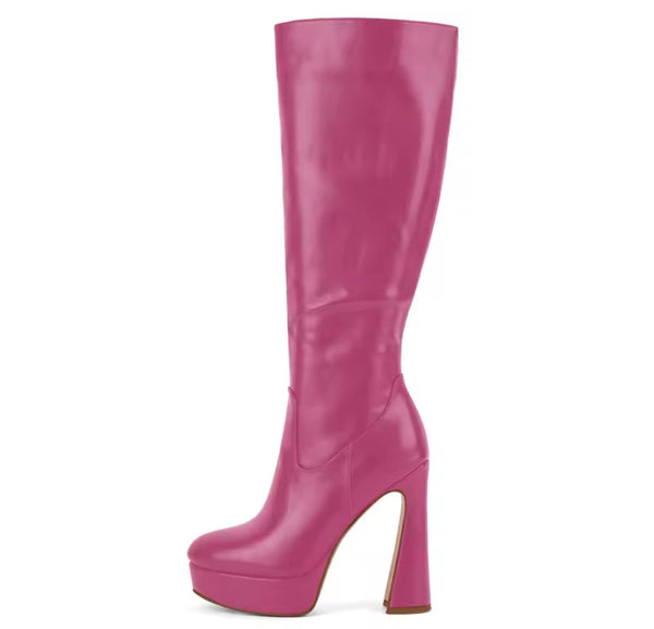 Women Color Platform High Heel Faux Leather Knee Length Boots