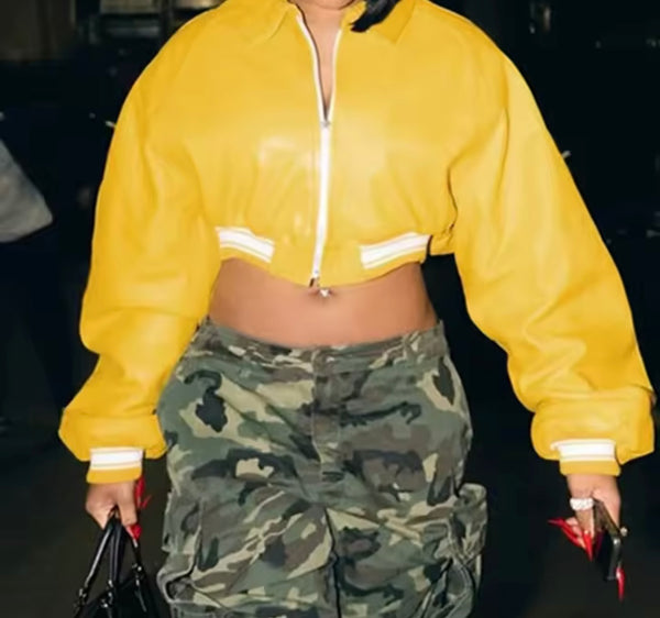 Women Fashion Yellow Letter Print Faux Leather Crop Jacket