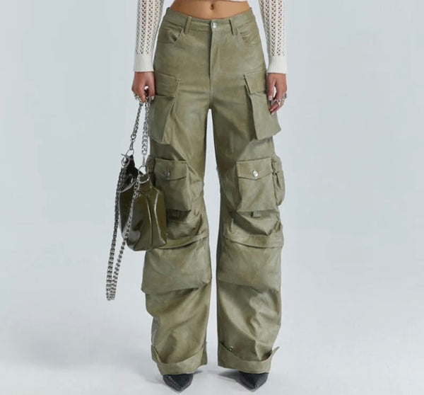 Women Fashion Faux Leather Cargo Pants