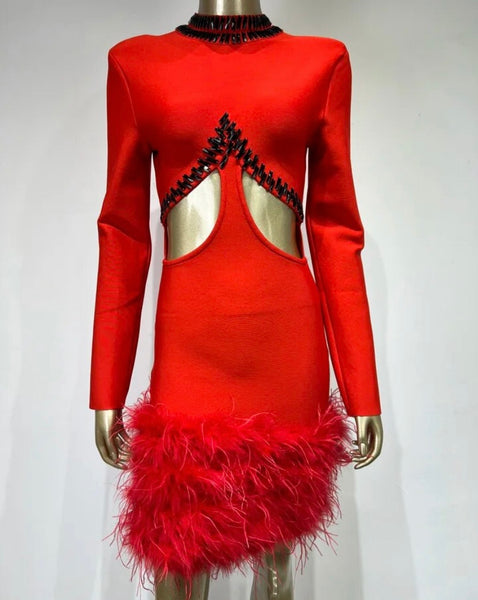 Women Sexy Red Crystal Feather Full Sleeve Dress