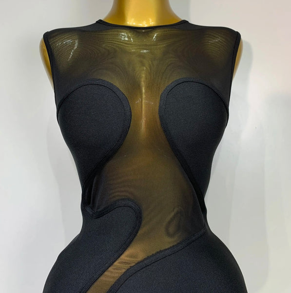 Women Sexy Solid Color Mesh Patchwork Sleeveless Maxi Dress
