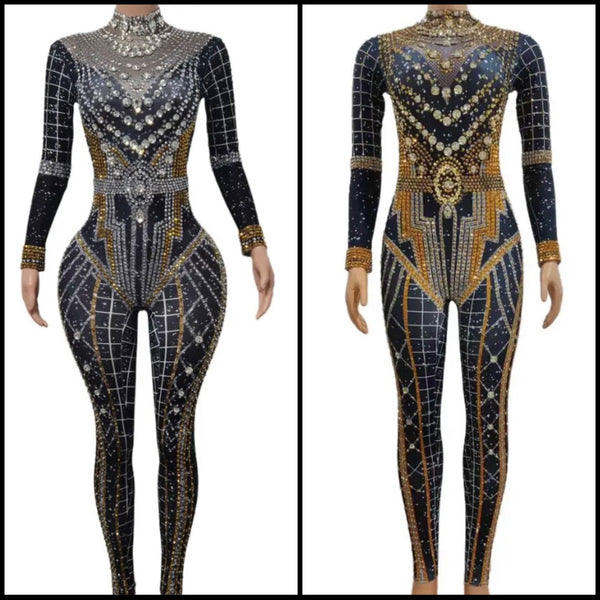 Women Fashion Bling Rhinestone Patchwork Full Sleeve Jumpsuit