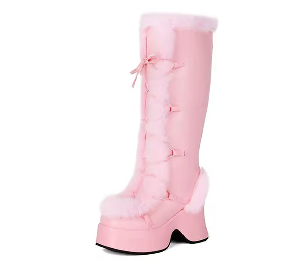 Women Fashion Faux Leather Fur Patchwork Platform Knee High Boots