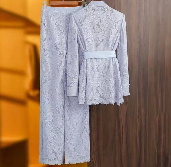 Women Fashion Blue Lace Full Sleeve Blazer Two Piece Pant Set