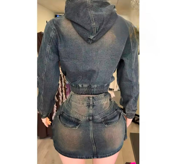 Women Fashion Hooded Zip Up Denim Two Piece Cargo Skirt Set