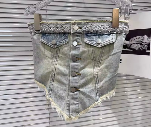 Women Rhinestone Button Up Crop Two Piece Ripped Denim Pant Set