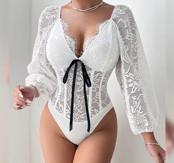 Women White Sexy Full Sleeve Lace Bodysuit Top