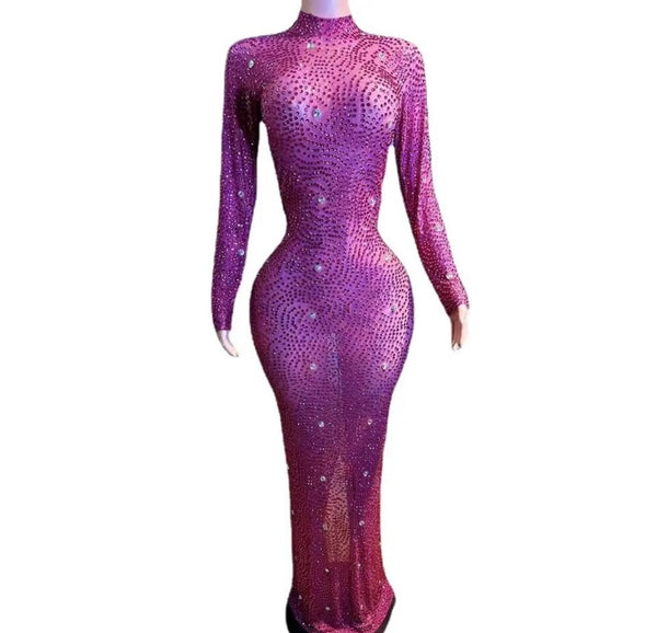 Women Sexy Bling Rhinestone Full Sleeve Mesh Maxi Dress