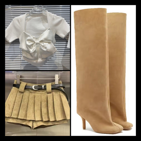 Women Fashion Suede Pleated Short Skirt