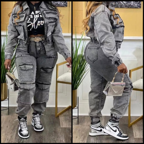 Women Fashion Denim Two Piece Jacket Cargo Pant Set