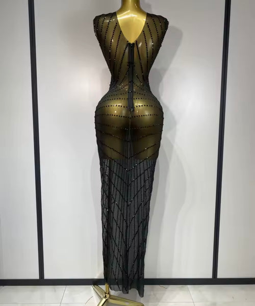 Women Sexy Sleeveless Bling Rhinestone Mesh Maxi Dress