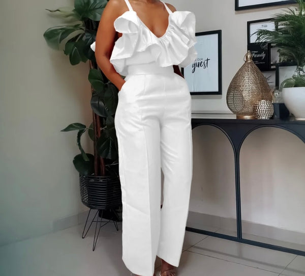 Women Sexy Sleeveless Ruffled Solid Color Two Piece Pant Set