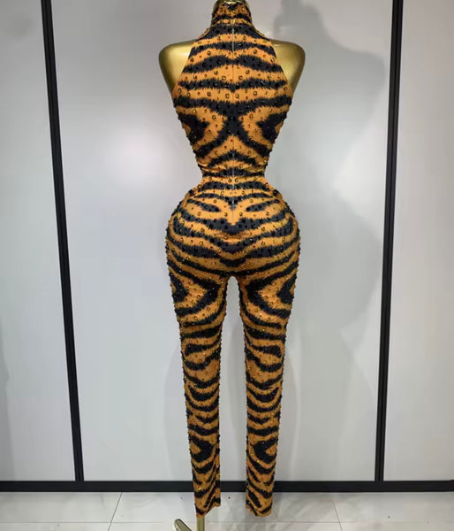 Women Sexy Orange Printed Rhinestone Sleeveless Jumpsuit
