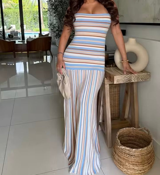 Women Sexy Sleeveless Striped Maxi Dress