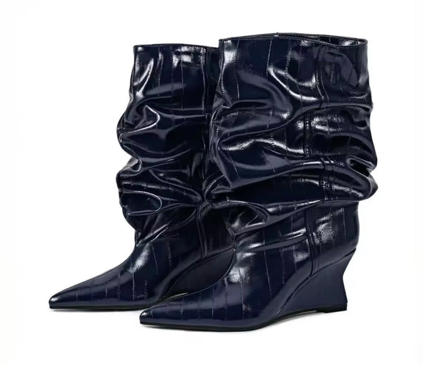 Women Pointed Toe Ruched Fashion Faux Leather Platform Ankle Boots
