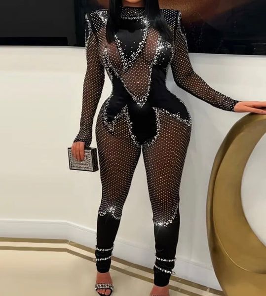 Women Sexy Black Bling Mesh Patchwork Full Sleeve Jumpsuit