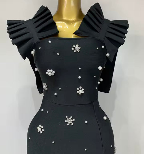Women Sexy Black Rhinestone Pearl Sleeveless Maxi Dress