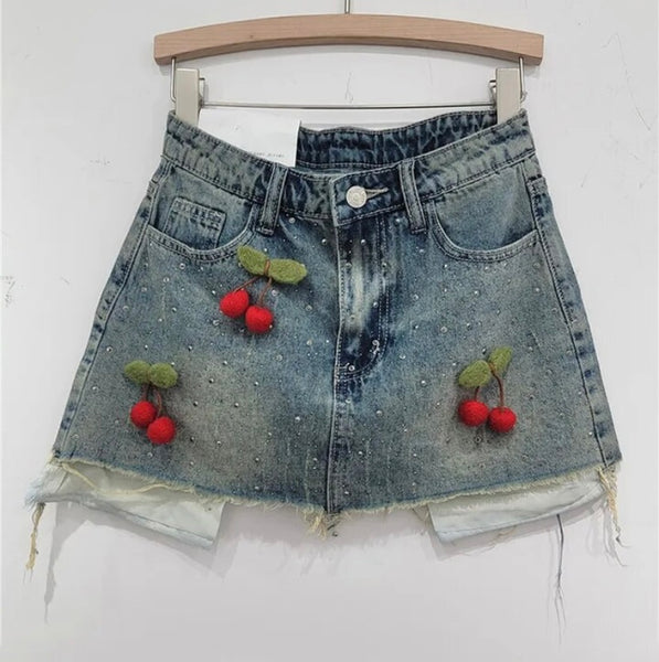 Women Fashion Rivet Cherry Denim Skirt